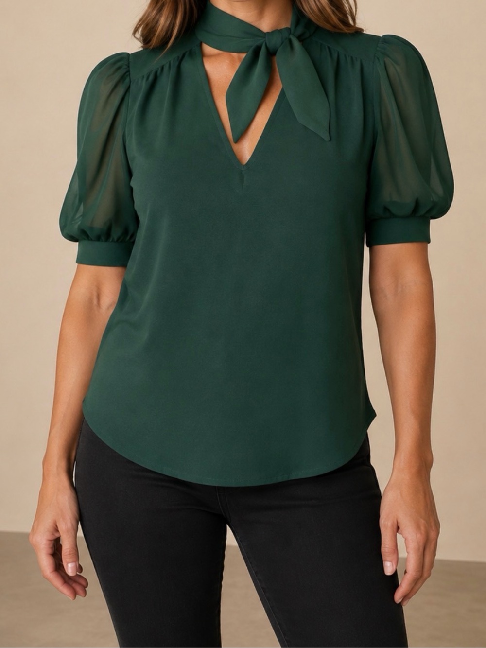 NY&C 7th Avenue Green Tie-Neck Puff Sleeve Top S